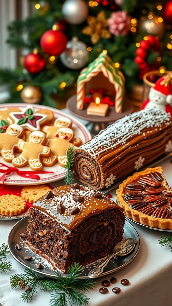 A variety of Christmas desserts including gingerbread cookies, yule log cake, and pecan pie on a festive table.
